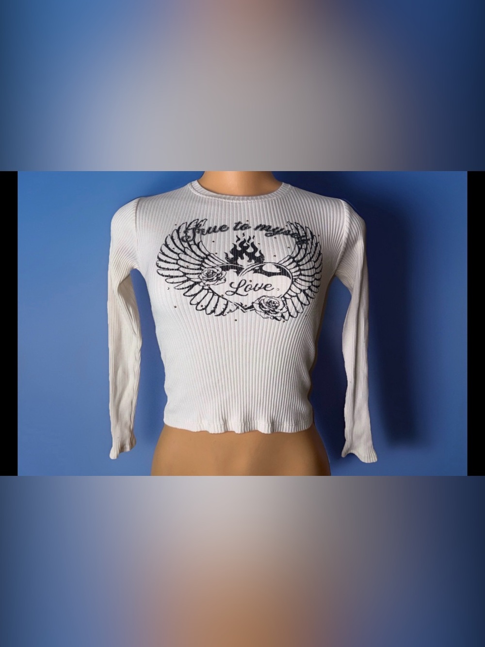 White Ribbed Long-Sleeve Graphic Tee - Love Wing Print